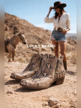 Lucky Brand Basel Snake Print Ankle Boots Leather Western Boho Stacked Heel Boot